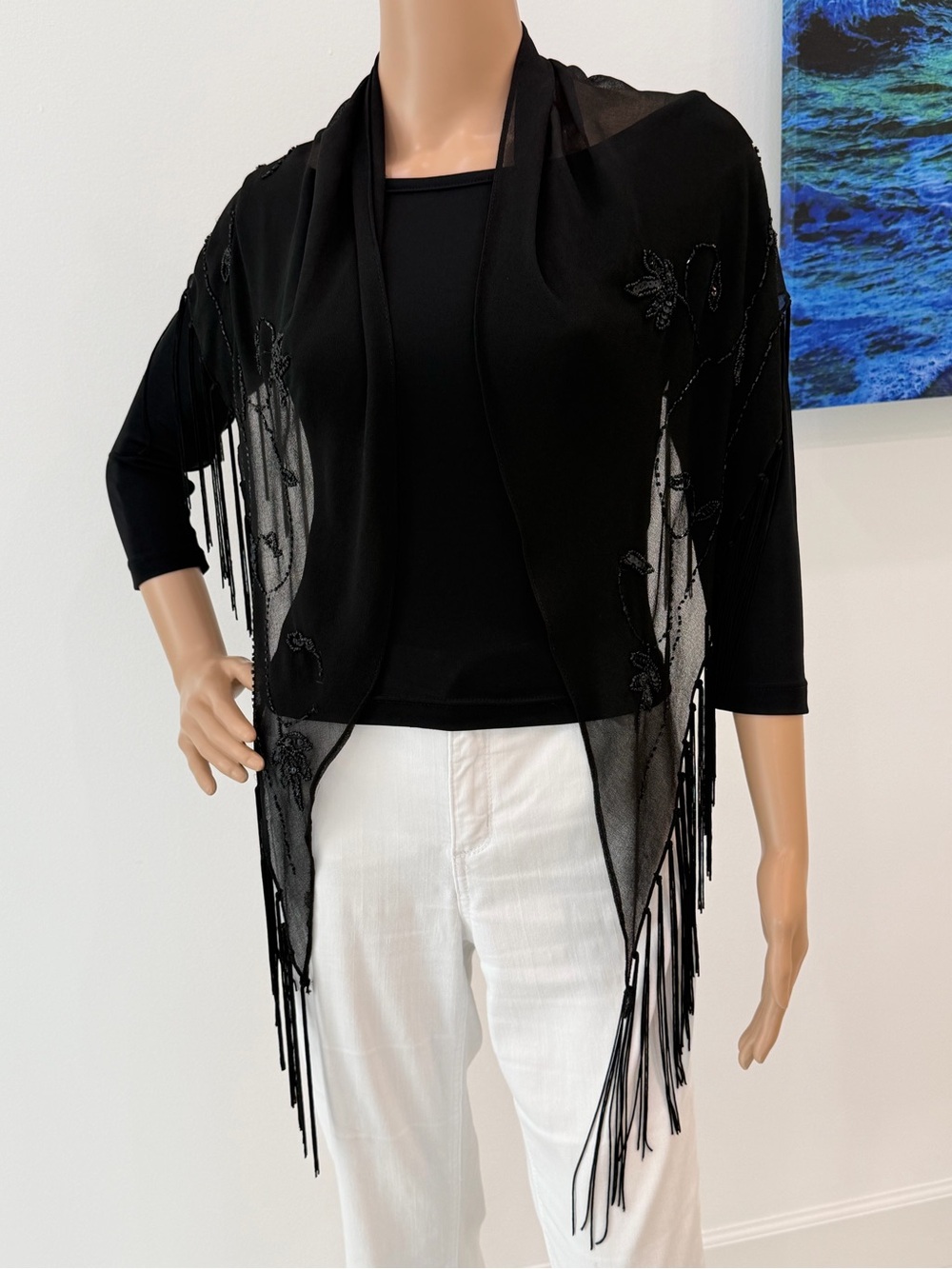 NWOT Boho Black Liquid Mesh Beaded Sequin Fringe Triangle Shawl/Wrap, Evening OS